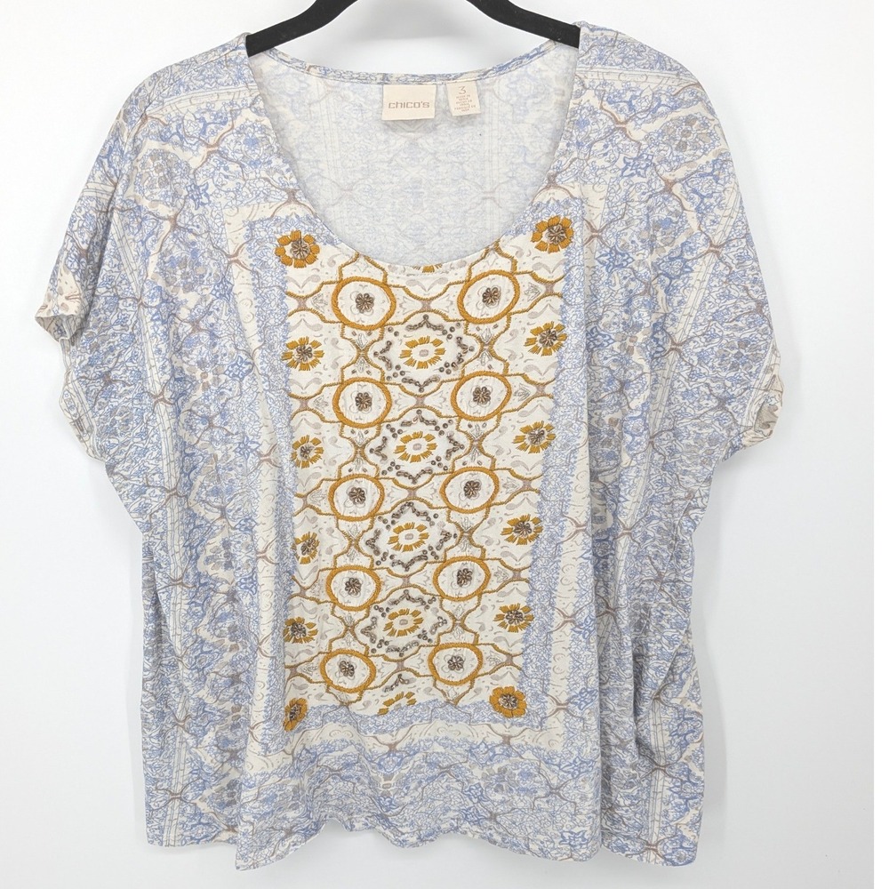 Chicos Beaded Embroidered Top Womens XL Blue Floral Medallion Short Sleeve Boho